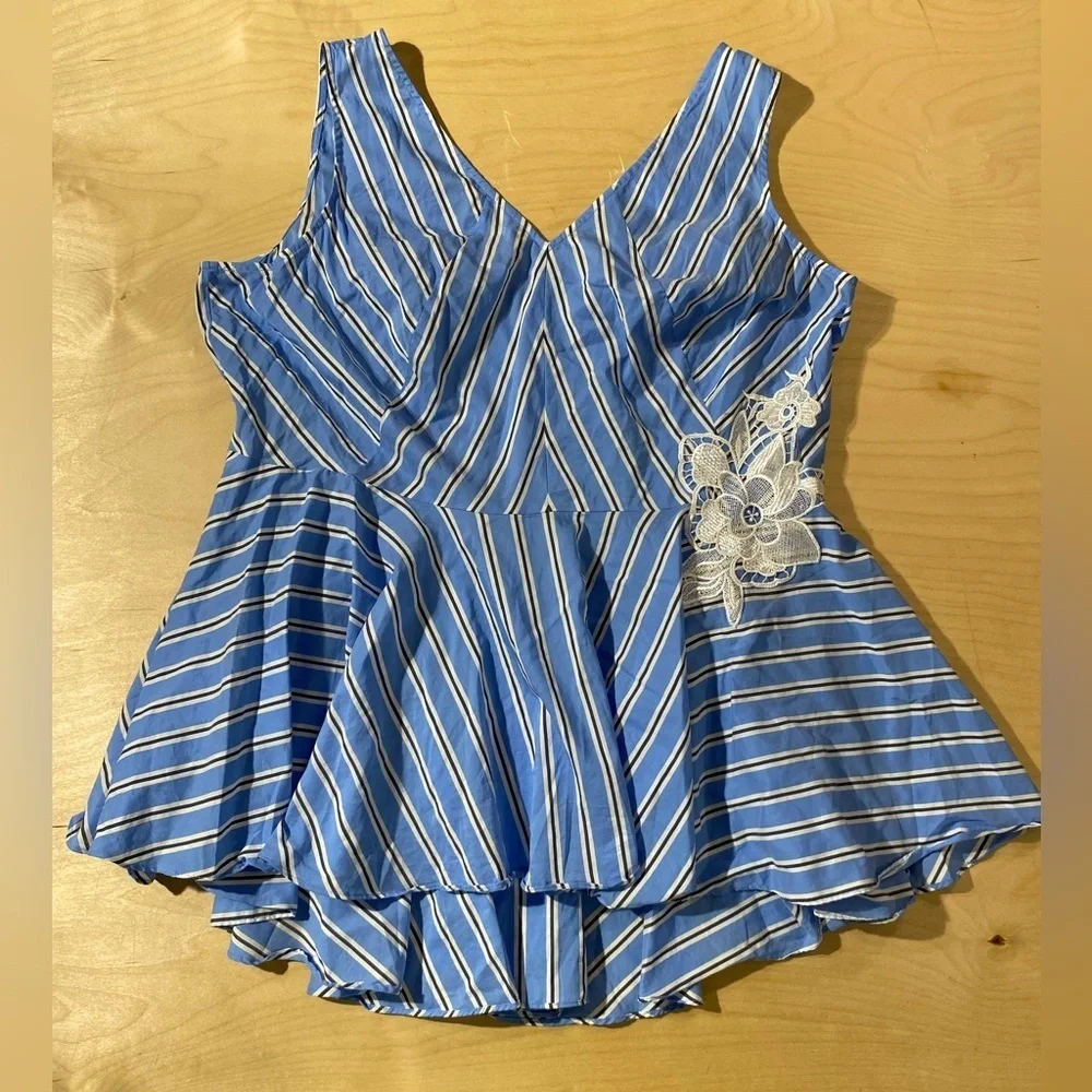 Lane Bryant Blue and White Striped Blouse with Floral Lace 18P (OS)